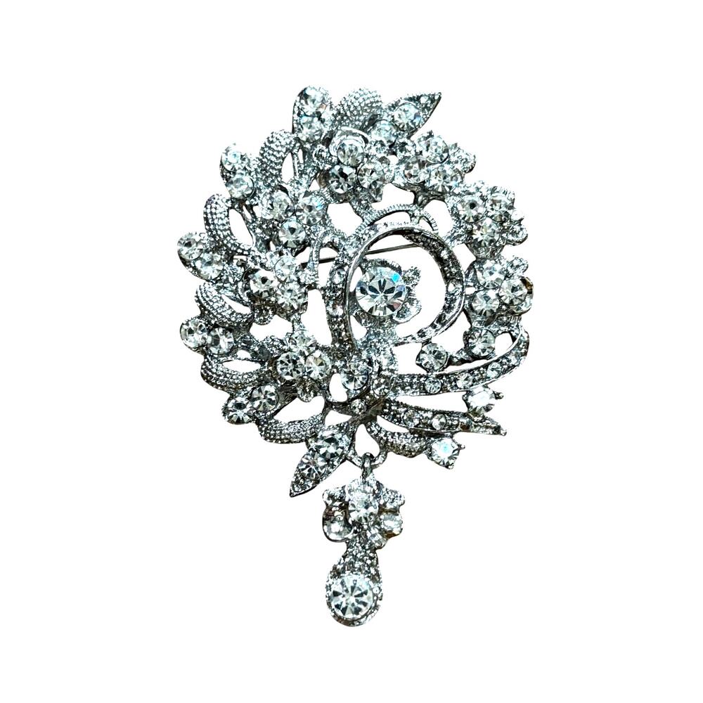 Silvertone statement brooch clear white rhinestones dangle teardrop Victoriana
